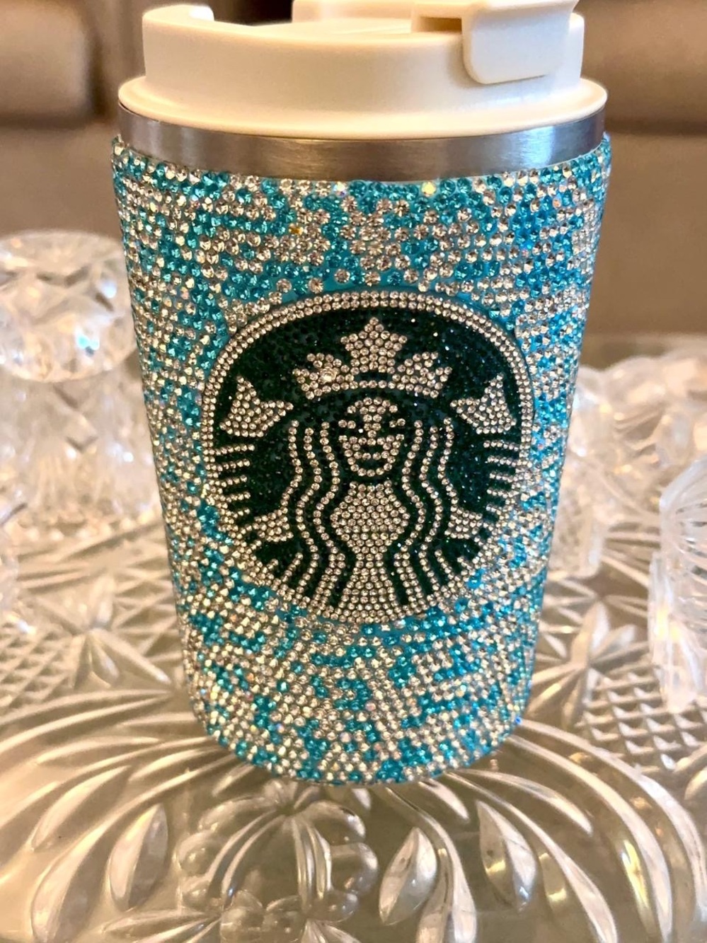 Stunning Rhinestone Turquoise & Silver Crystal Studded Travel Cup